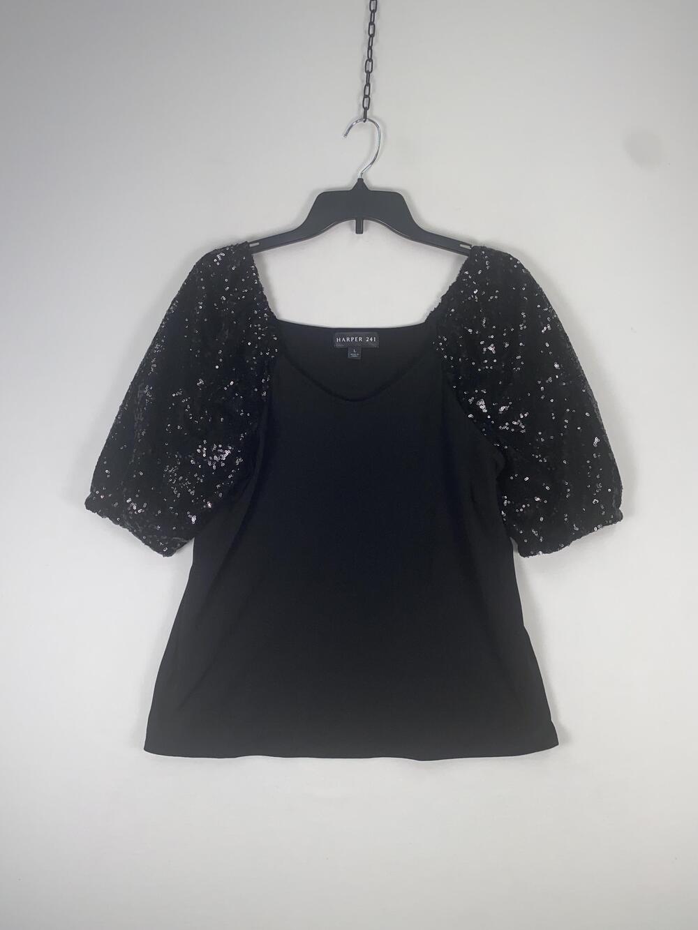 Harper 241 Blouse Womens Large Black Sequin Puff Sleeve Square Neck Party Top